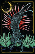 Colorful woodblock-style illustration of a rabbit in front of agaves with a starry night background.