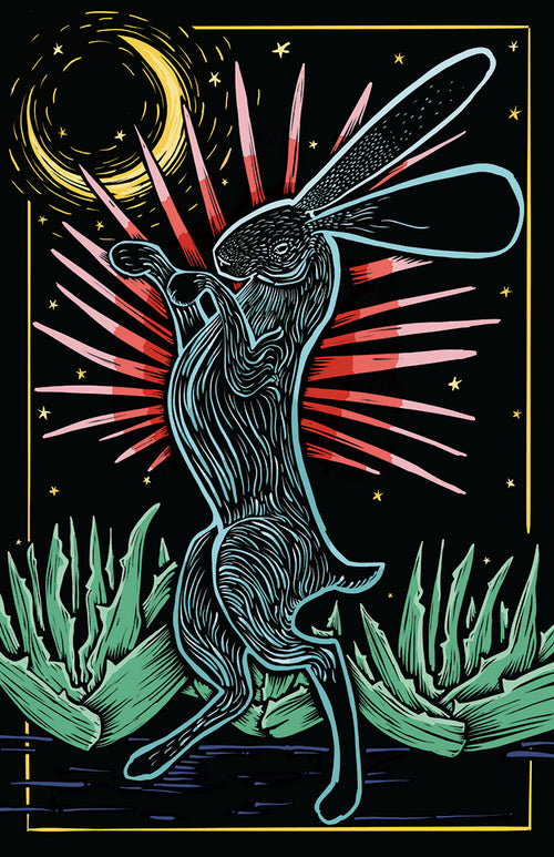 Colorful woodblock-style illustration of a rabbit in front of agaves with a starry night background.