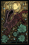 Woodblock-style illustration of a rabbit leaping over succulents with bright colors.