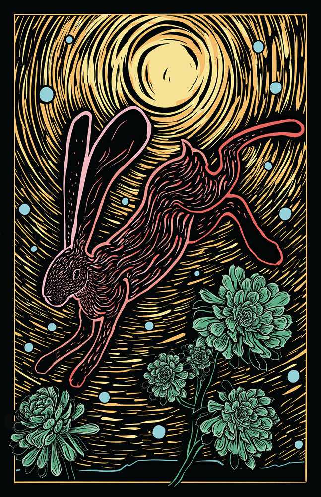 Woodblock-style illustration of a rabbit leaping over succulents with bright colors.