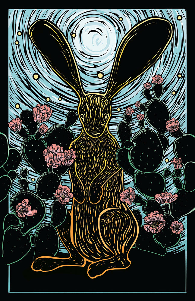 Woodblock-style Illustration of a rabbit with long ears surrounded by cacti and flowers on a starry night sky background.