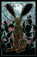Woodblock-style Illustration of a rabbit with long ears surrounded by cacti and flowers on a starry night sky background.
