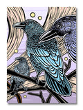 Illustration of 3 crows on a branch with a purple sky background.