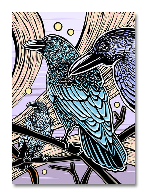 Illustration of 3 crows on a branch with a purple sky background.