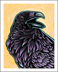 Woodcut-style illustration of a purple raven with a yellow circular background.