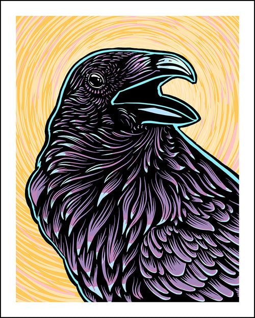 Woodcut-style illustration of a purple raven with a yellow circular background.