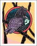 Illustration of a kingfisher with a fish in its beak against a colorful background.