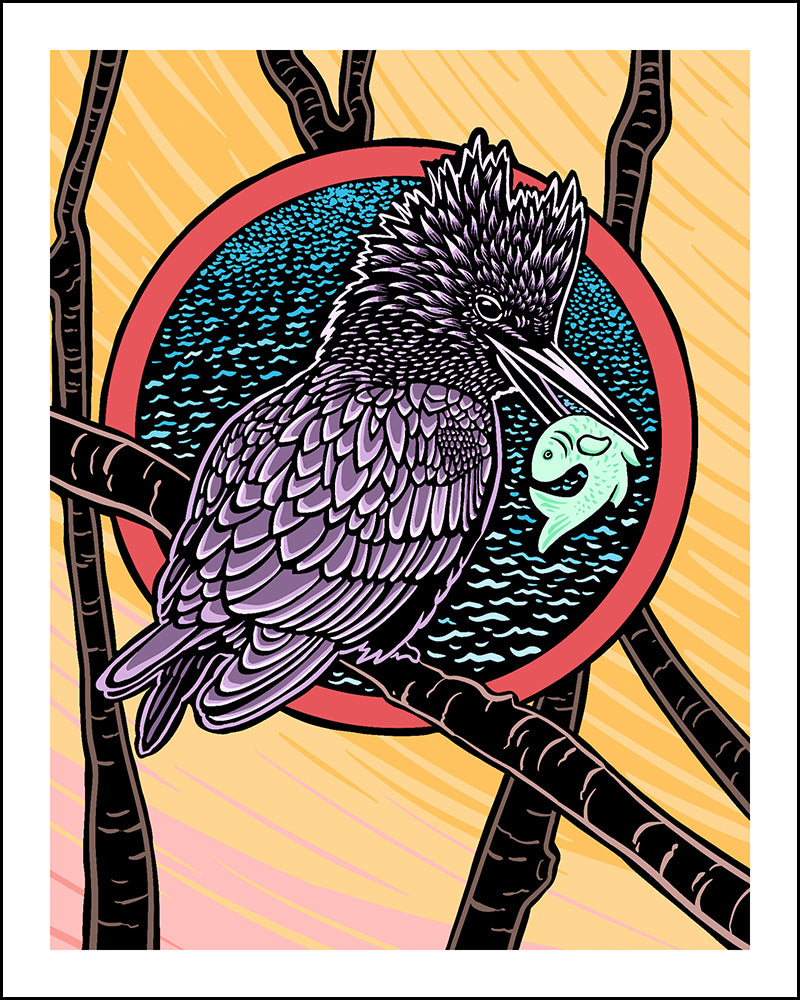 Illustration of a kingfisher with a fish in its beak against a colorful background.