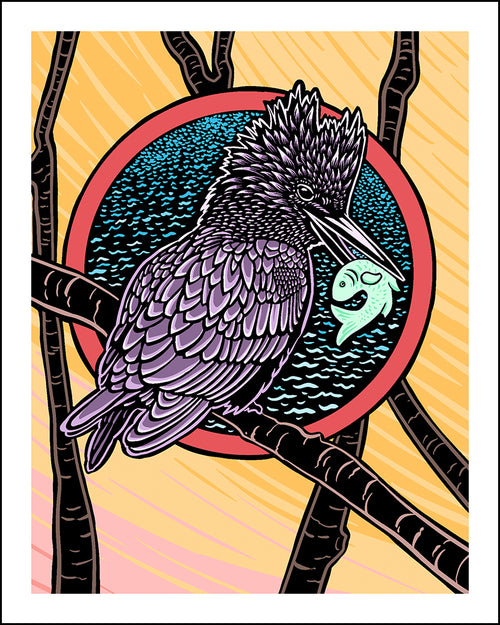 Illustration of a kingfisher with a fish in its beak against a colorful background.