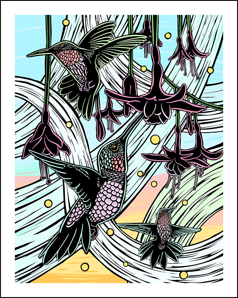 Illustration of hummingbirds and flowers with a stylized background.