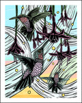 Illustration of hummingbirds and flowers with a stylized background.