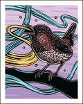 Woodblock-style illustration of a wren with abstract lines and shapes on a purple background.