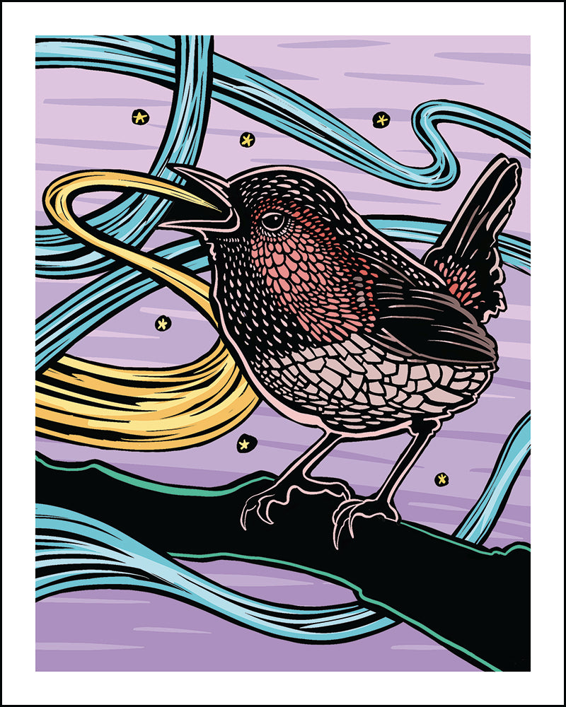 Woodblock-style illustration of a wren with abstract lines and shapes on a purple background.