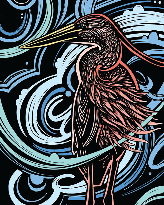 Colorful heron illustration against a swirling blue abstract background.