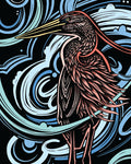 Colorful heron illustration against a swirling blue abstract background.