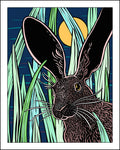 Woodcut-style illustration of a rabbit peeking from behind grass with a moonlit sky in the background.
