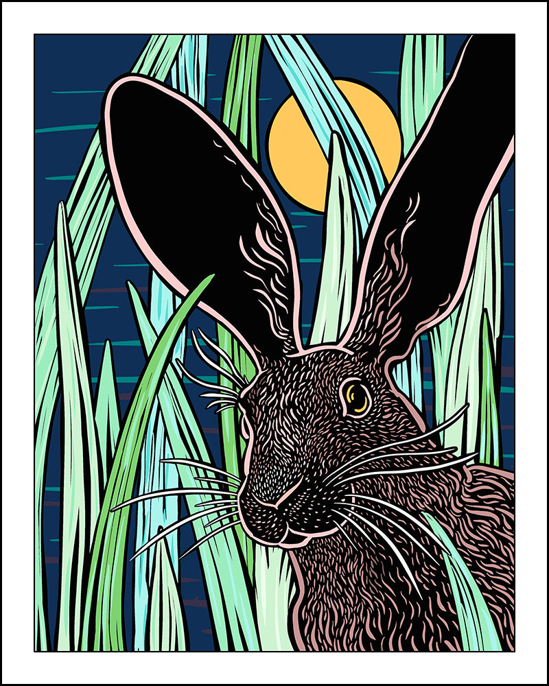 Woodcut-style illustration of a rabbit peeking from behind grass with a moonlit sky in the background.