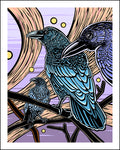 Illustration of three crows on branches with a stylized purple sky background.