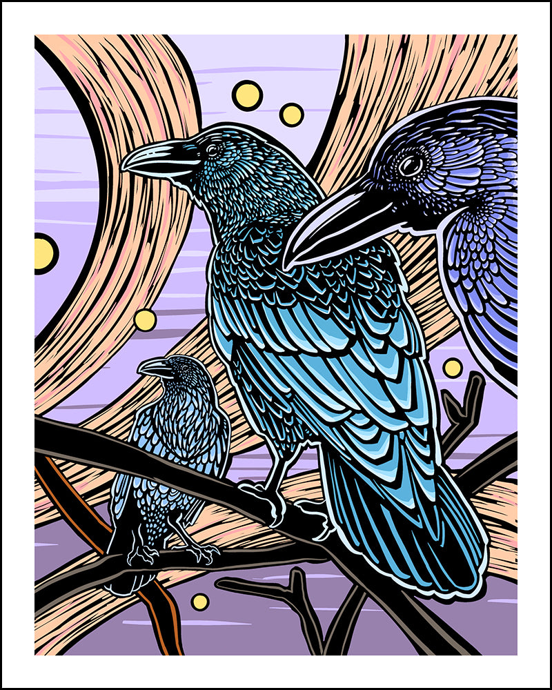 Illustration of three crows on branches with a stylized purple sky background.