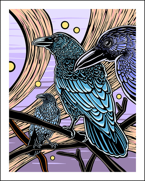 Illustration of three crows on branches with a stylized purple sky background.