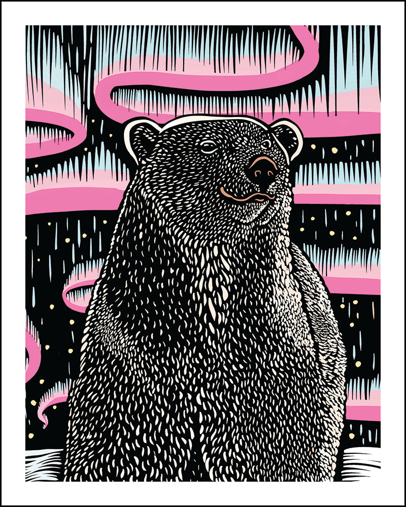 A stylized illustration of a polar bear, rendered in black and white linework with a magenta and light blue aurora background. The artwork is centered within a white border.