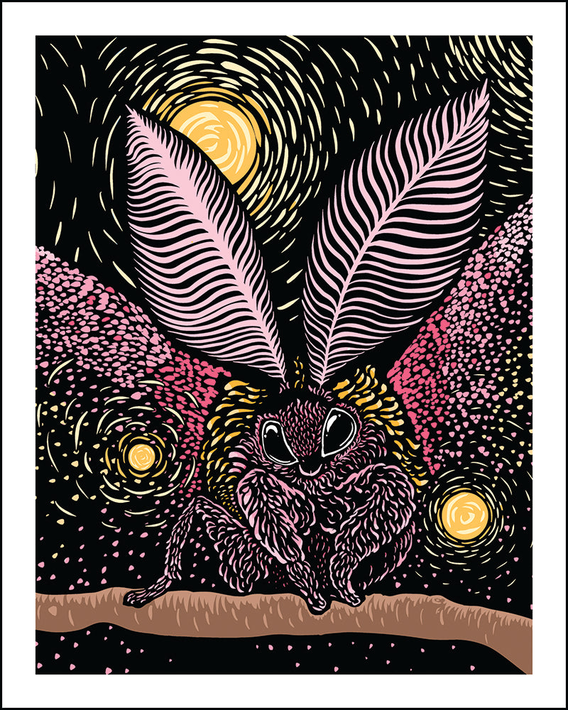 A woodblock style illustration of a rosy maple moth, rendered in pink, black, yellow against a starry night sky with glowing spheres.