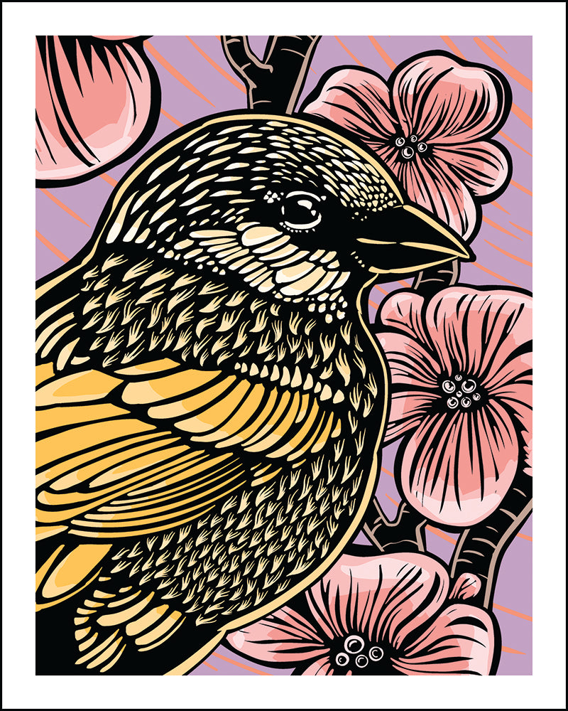 A stylized  illustration of a sparrow with yellow and black patterned feathers, surrounded by pink flowers on a purple background.