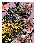 A stylized  illustration of a sparrow with yellow and black patterned feathers, surrounded by pink flowers on a purple background.