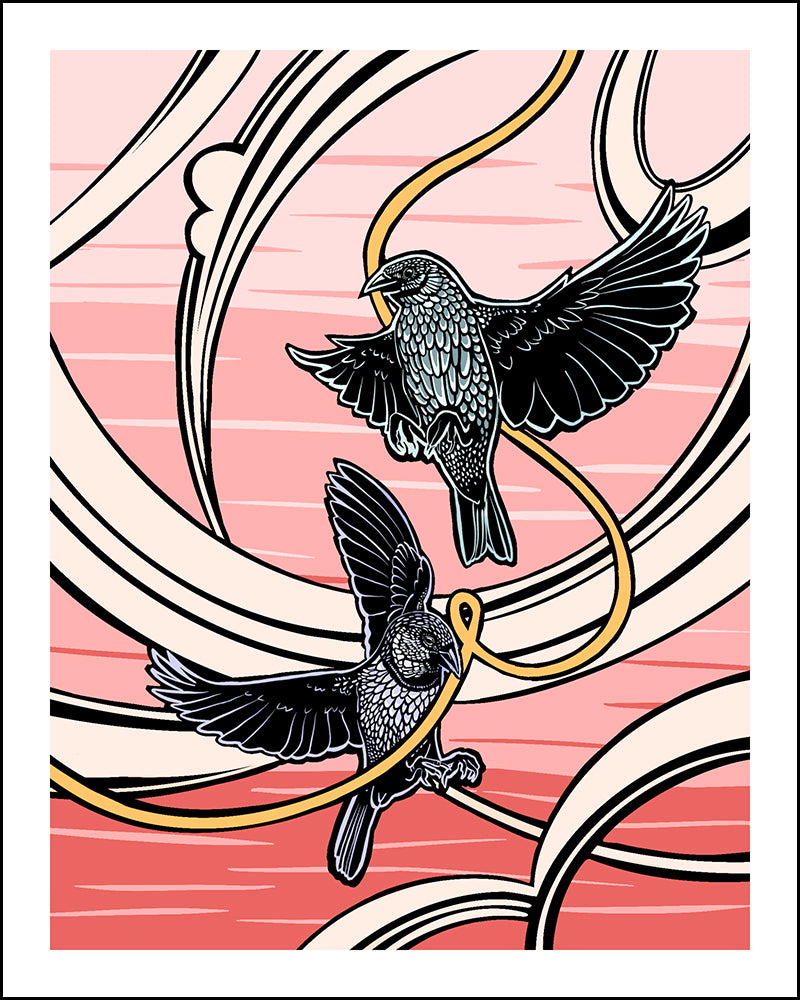 An illustration of two birds flying against a pink background with swooshing decorative lines.