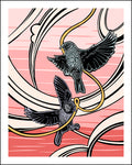 An illustration of two birds flying against a pink background with swooshing decorative lines.