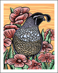 A woodblock style print of a California quail against an orange background and surrounded by pink flowers. 