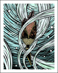 Woodcut-style illustration of a diving cormorant on a wavy blue background.