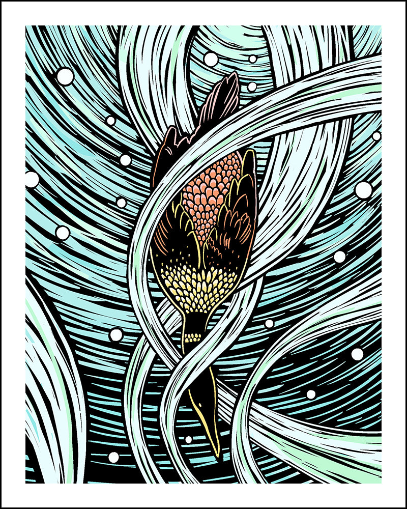 Woodcut-style illustration of a diving cormorant on a wavy blue background.
