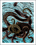 Woodcut-styleillustration of an octopus with a blue wave background.