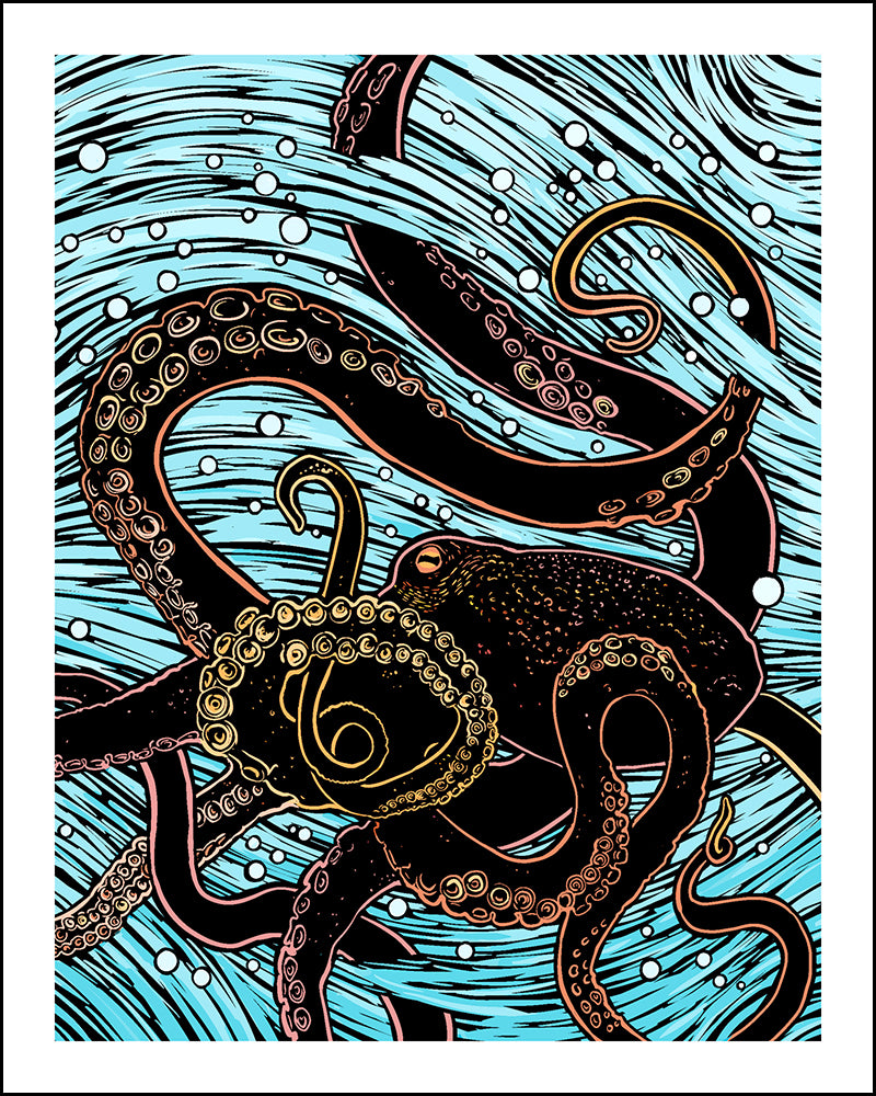 Woodcut-styleillustration of an octopus with a blue wave background.