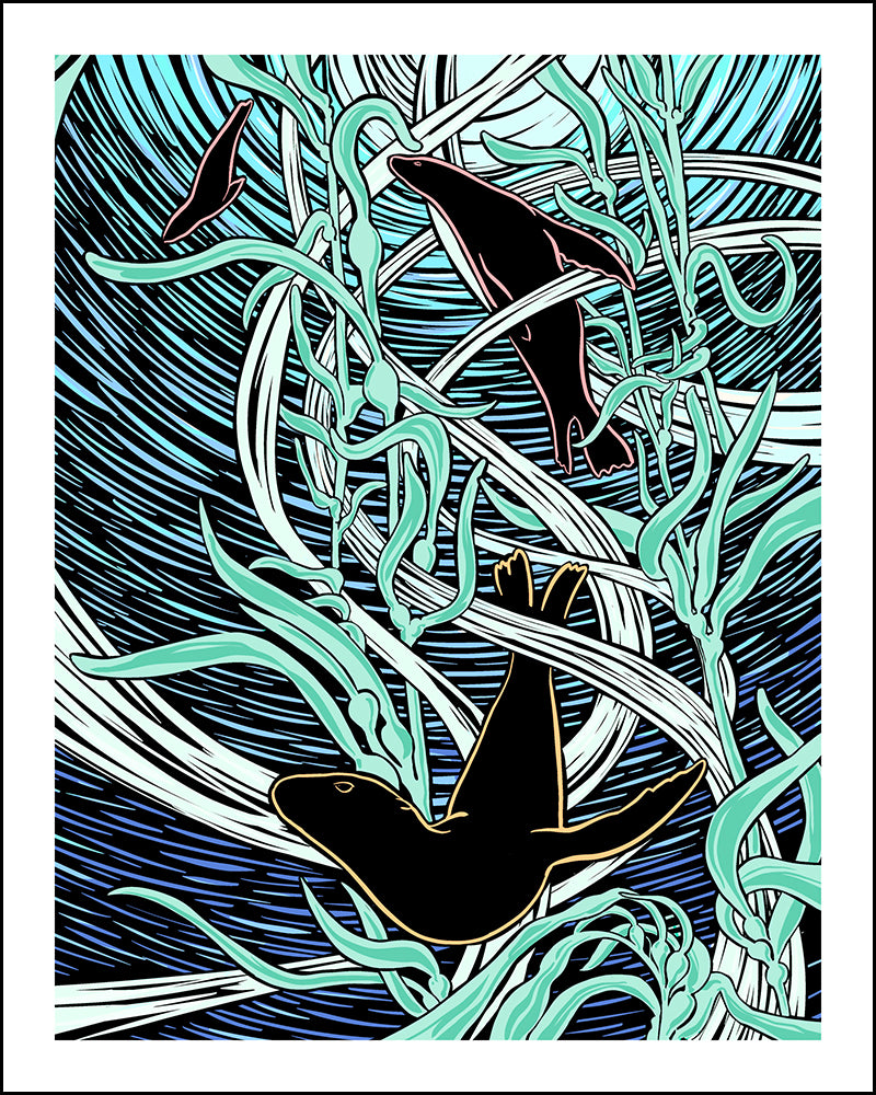 Woodcut-style illustration of sea lions frolicking in kelp.