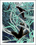 Woodcut-style illustration of sea lions frolicking in kelp.