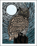 A stylized owl illustration perched on a wooden post, with a large pale moon and swirling black and teal lines in the background. The artwork fills most of the frame and is presented on a white border.