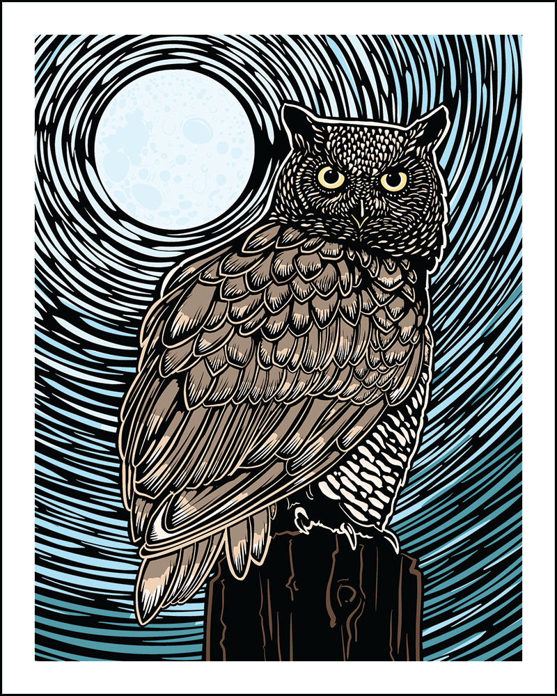 A stylized owl illustration perched on a wooden post, with a large pale moon and swirling black and teal lines in the background. The artwork fills most of the frame and is presented on a white border.