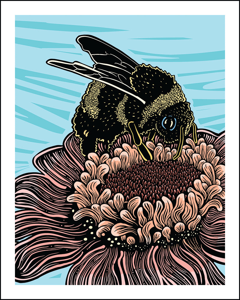 A stylized illustration of a bumblebee on a pink and orange flower, set against a light blue background with a white border.
