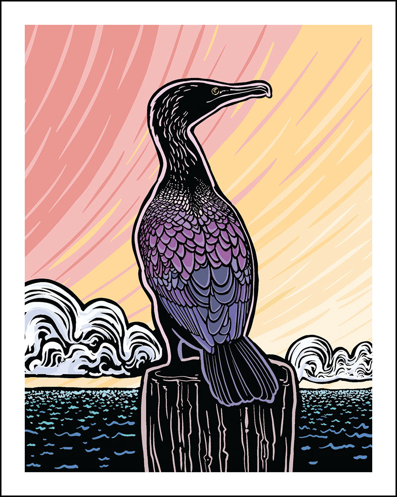 Woodblock-style illustration of a cormorant on a pier with a pink and yellow background.