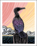 Woodblock-style illustration of a cormorant on a pier with a pink and yellow background.