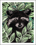 A stylized illustration of a raccoon surrounded by bright green leaves, presented as an art print with a white border.