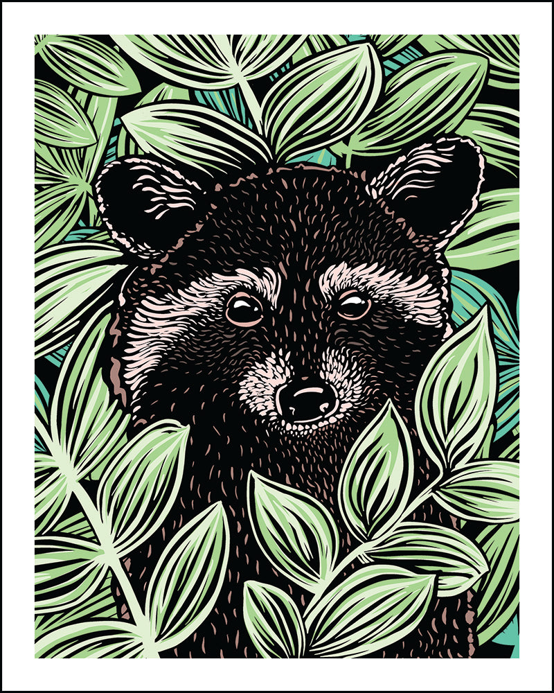 A stylized illustration of a raccoon surrounded by bright green leaves, presented as an art print with a white border.
