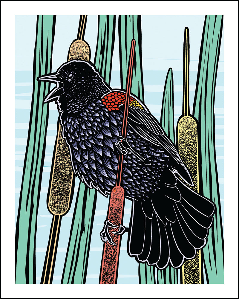 A stylized illustration of a red wing black bird perched on a red cattail, with green reeds and a pale blue background.
