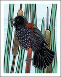 A stylized illustration of a red wing black bird perched on a red cattail, with green reeds and a pale blue background.