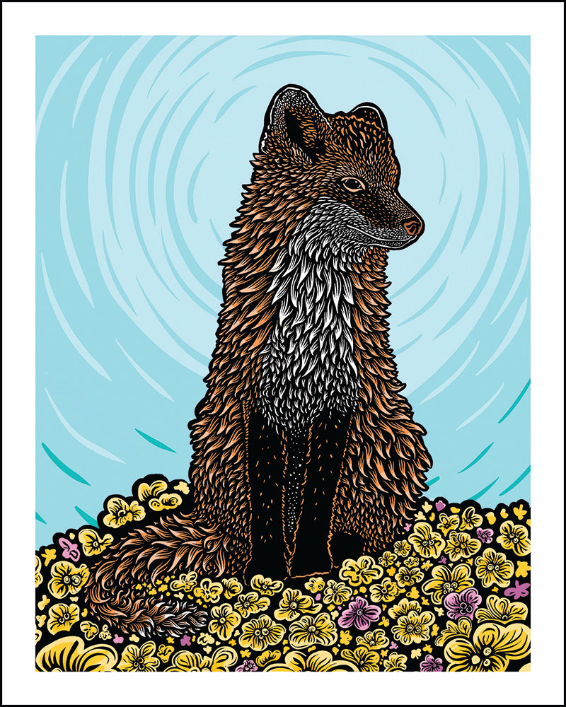 Woodblock style print of a red fox sitting in a field of yellow and magenta flowers against a blue background.