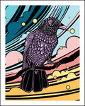 Colorful woodcut-style  illustration of a crow on a branch with abstract sky background.