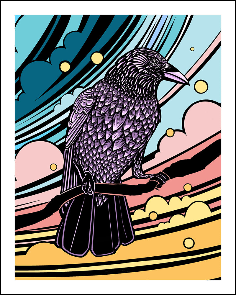 Colorful woodcut-style  illustration of a crow on a branch with abstract sky background.