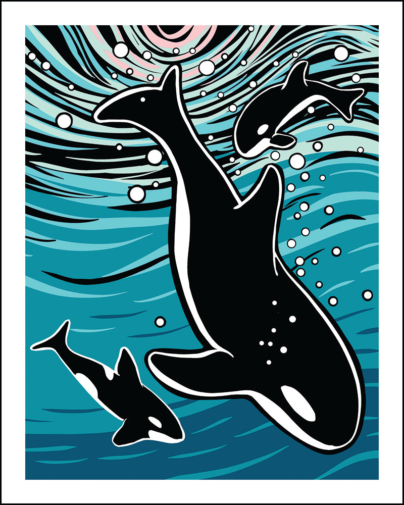 A stylized graphic art print of three orcas swimming in blue ocean water with bubbles, featuring bold black, white, and teal-blue colors.